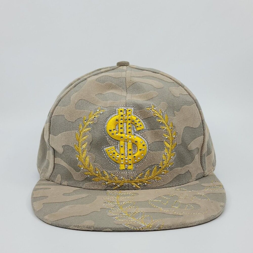 Camouflage Dollar Sign Logo Fitted Hat Cap Beige Green Acrylic Size XL